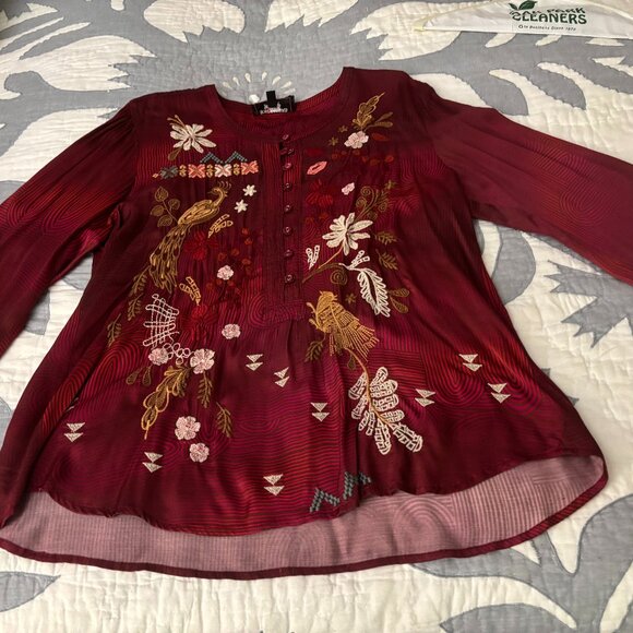 Johnny Was Tops - Johnny Was Burgundy Embroidered Top